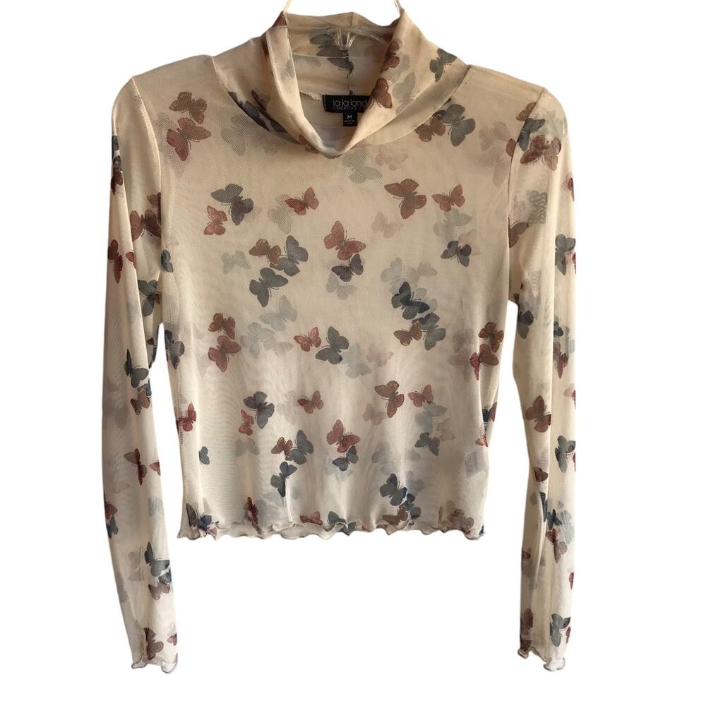 La La Land Creative Co Butterflies Cropped Mesh Top with Lettuce Hems size M